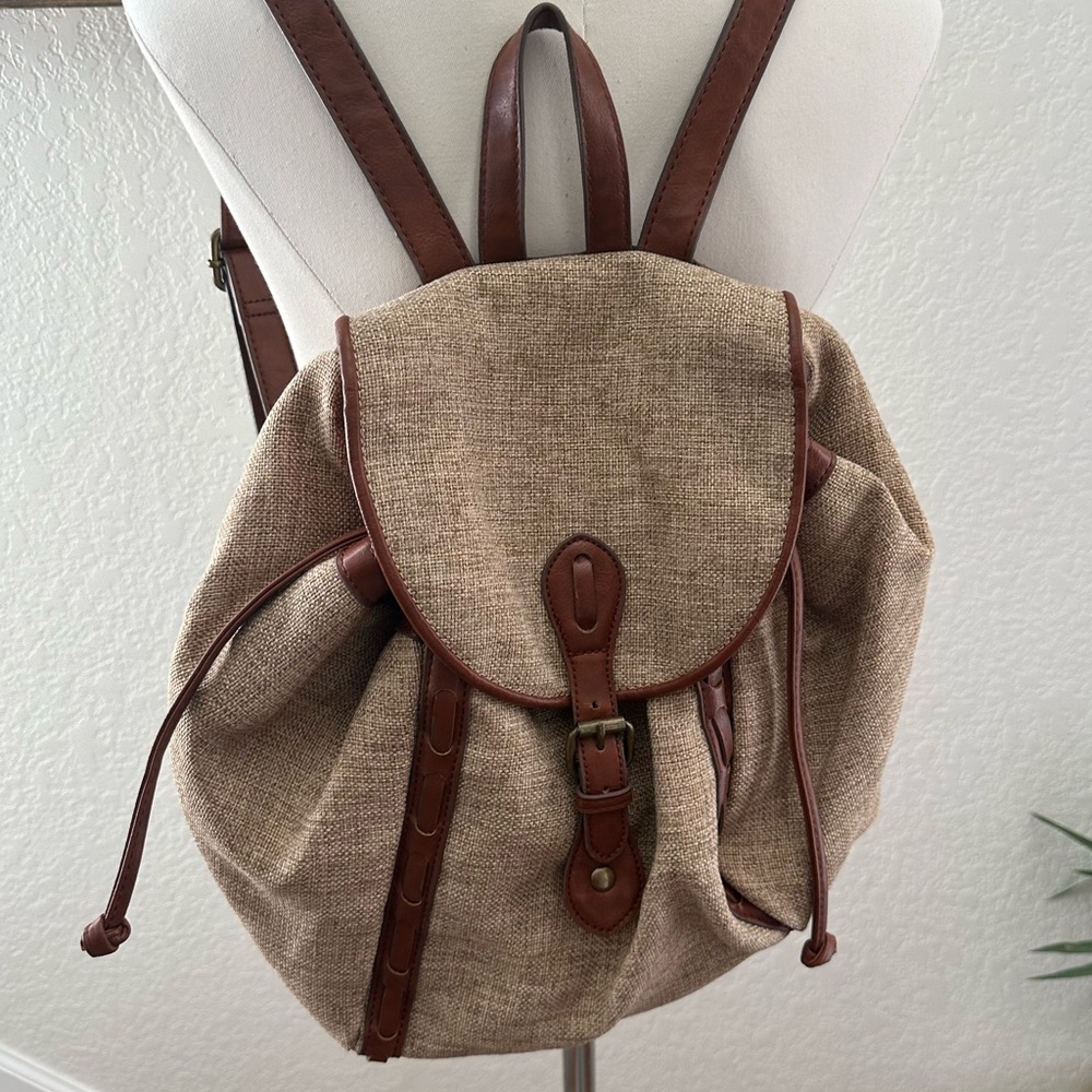 Lucky brand tan natural fiber burlap brown leather backpack purse